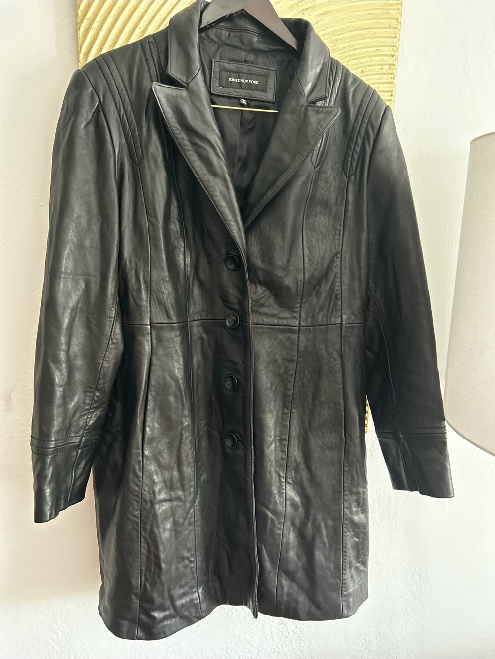 Jones New York Black Calf Leather Mid-Length Overcoat Button Down Lined XL Y2K - Picture 3 of 16
